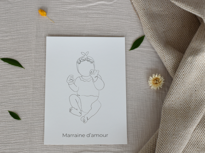 Annonce marraine originale en noir et blanc. Cadeau après naissance, bébé avec couronne fleur. Tendance one line art personnalisé.